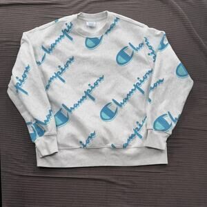 Champion Reverse Weave Sweatshirt Mens 2XL Gray Blue All Over Logo Pullover Crew